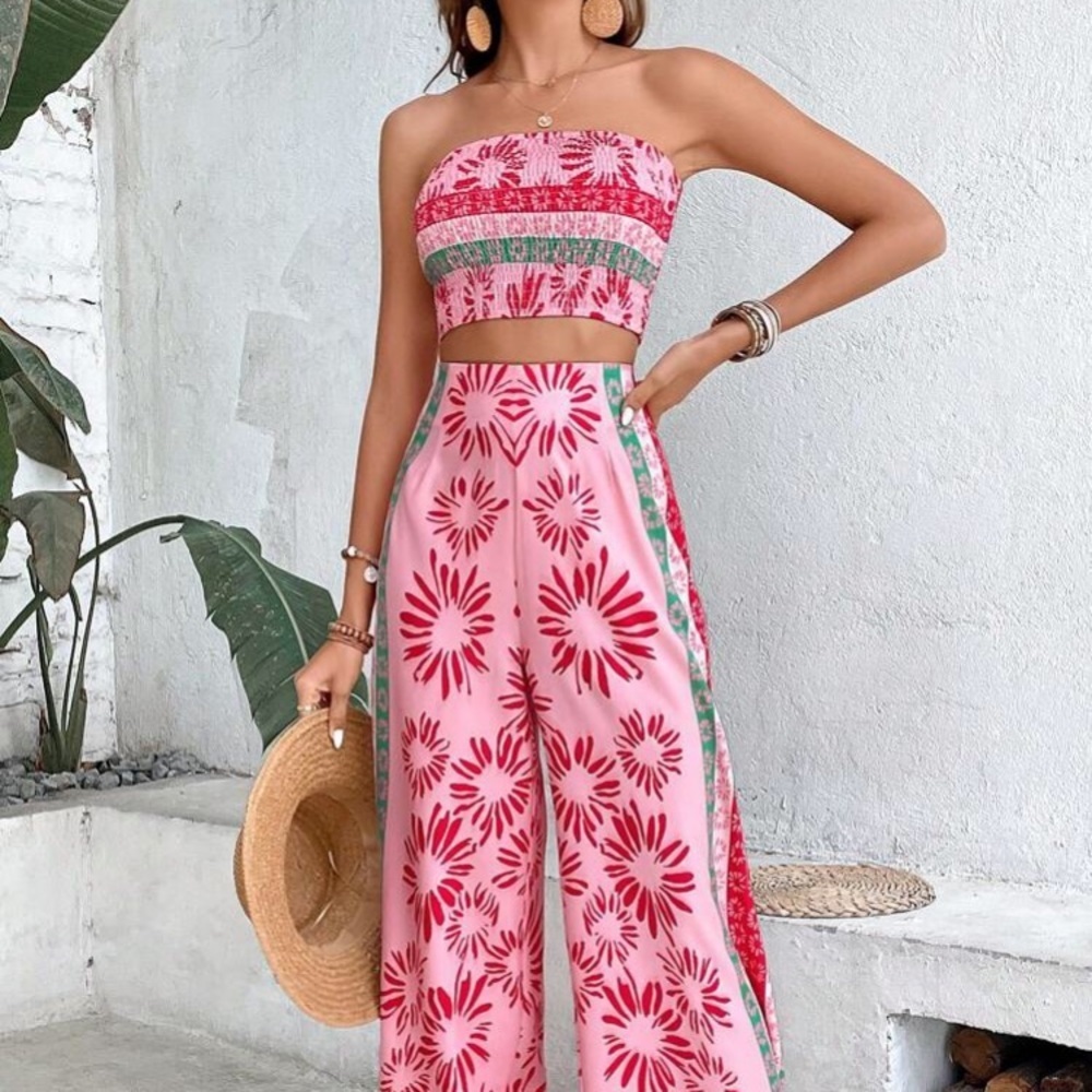 Floral Print Tube Top & Wide Leg Pants